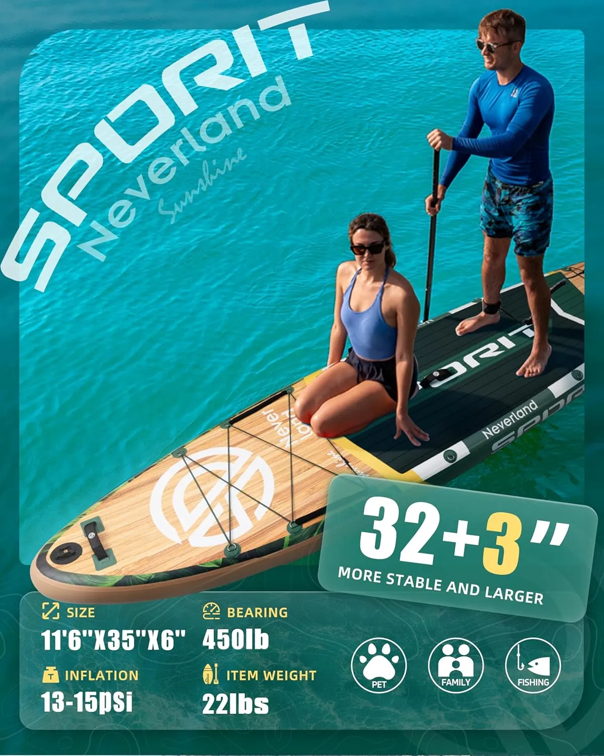 11'635" Super Wide Inflatable Stand Up Paddle Board, Ultra Stable SUP Board for Adults, 450lb Capacity with Shoulder Strap, 100L Backpack, Removable US Fin, Floating Paddle, Safety Leash