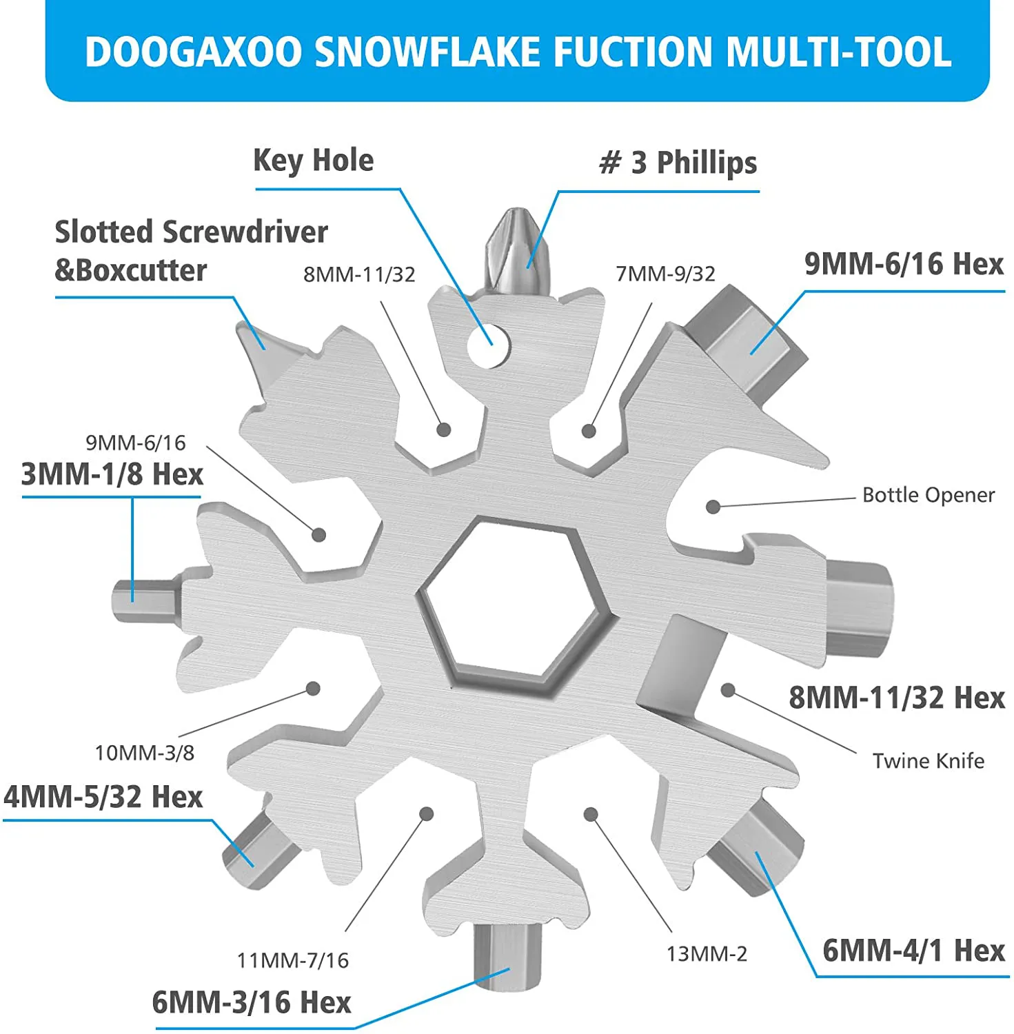 18-In-1 Snowflake Multi Tool,Function Stainless Steel Bottle Opener/Wrench, Flat Cross Screwdriver Kit Snowflake, Outdoor Durable and Portable,Great Christmas Gift for Mens (Sliver)