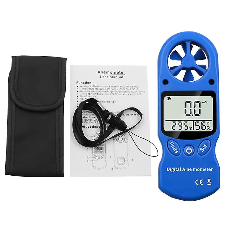 blue Mini handheld anemometer, thermometer and hygrometer, LCD digital screen display AZ16059