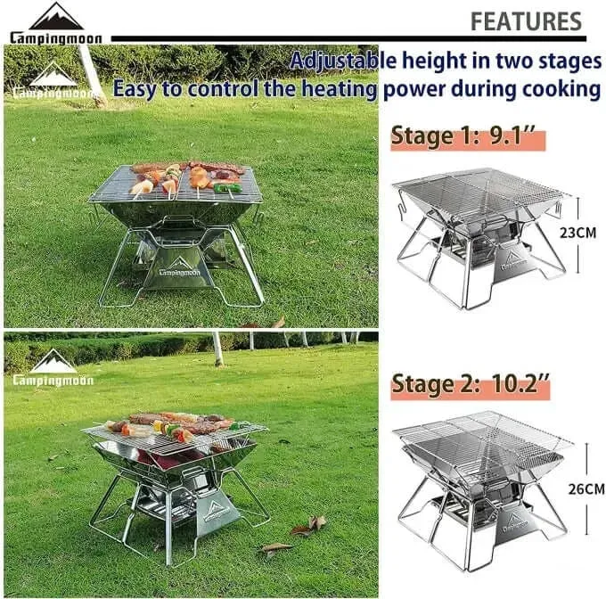 Campingmoon Stainless Steel Foldable Grill 14-inch with Carrying Bag MT-2