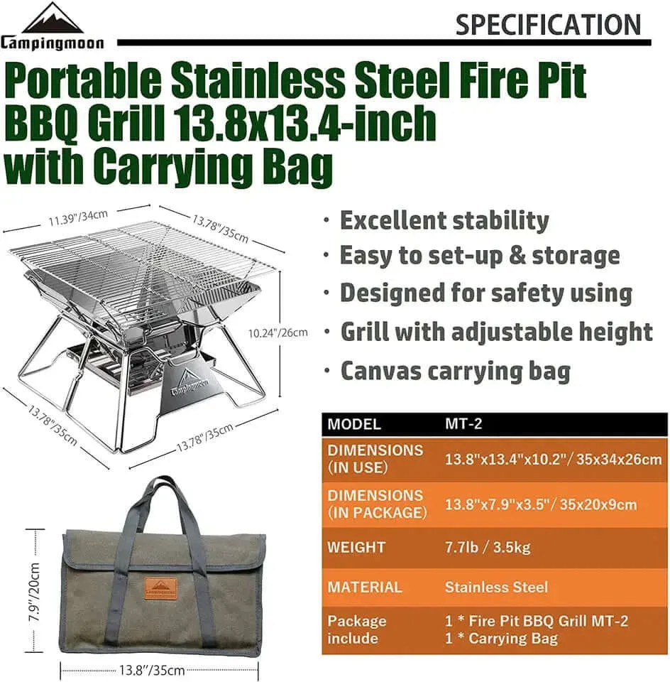 Campingmoon Stainless Steel Foldable Grill 14-inch with Carrying Bag MT-2