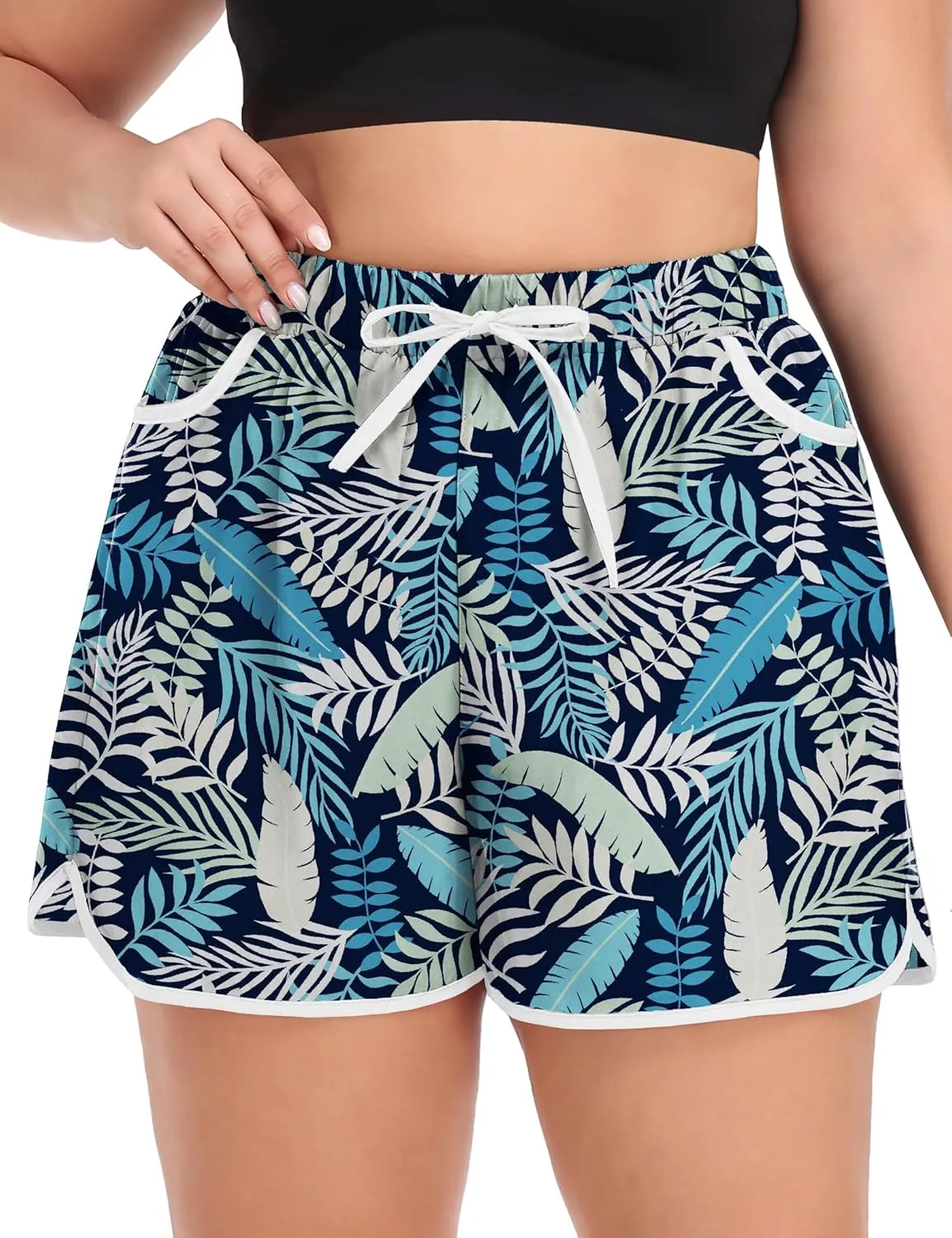COOTRY Womens Plus Size Beach Shorts Quick Dry Drawstring Board Shorts Swim Shorts with Pockets