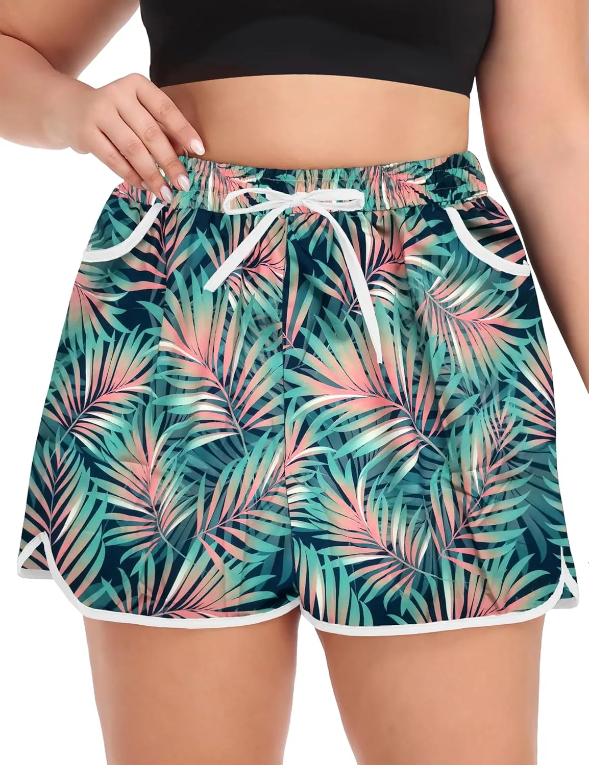 COOTRY Womens Plus Size Beach Shorts Quick Dry Drawstring Board Shorts Swim Shorts with Pockets