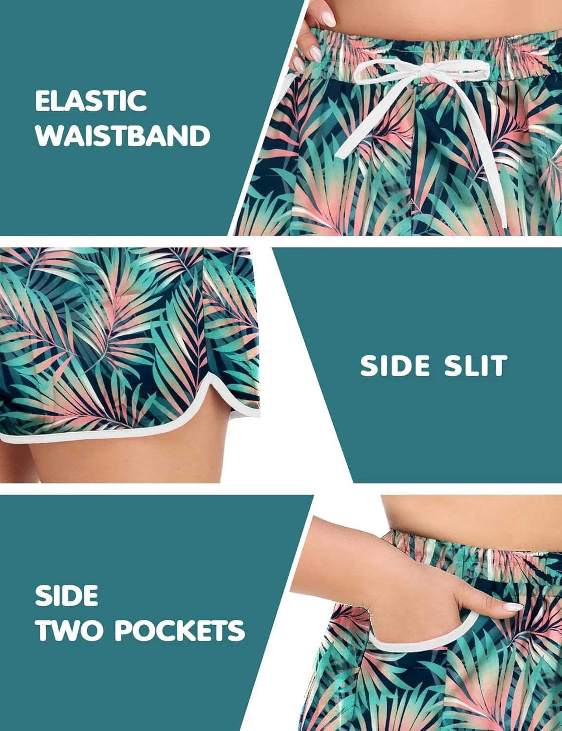 COOTRY Womens Plus Size Beach Shorts Quick Dry Drawstring Board Shorts Swim Shorts with Pockets