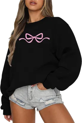 FASHGL Pink Bow Sweatshirt Womens - Sequins Coquette Sweater Casual Round Neck Pullover Sweatshirts Long Sleeve Tops