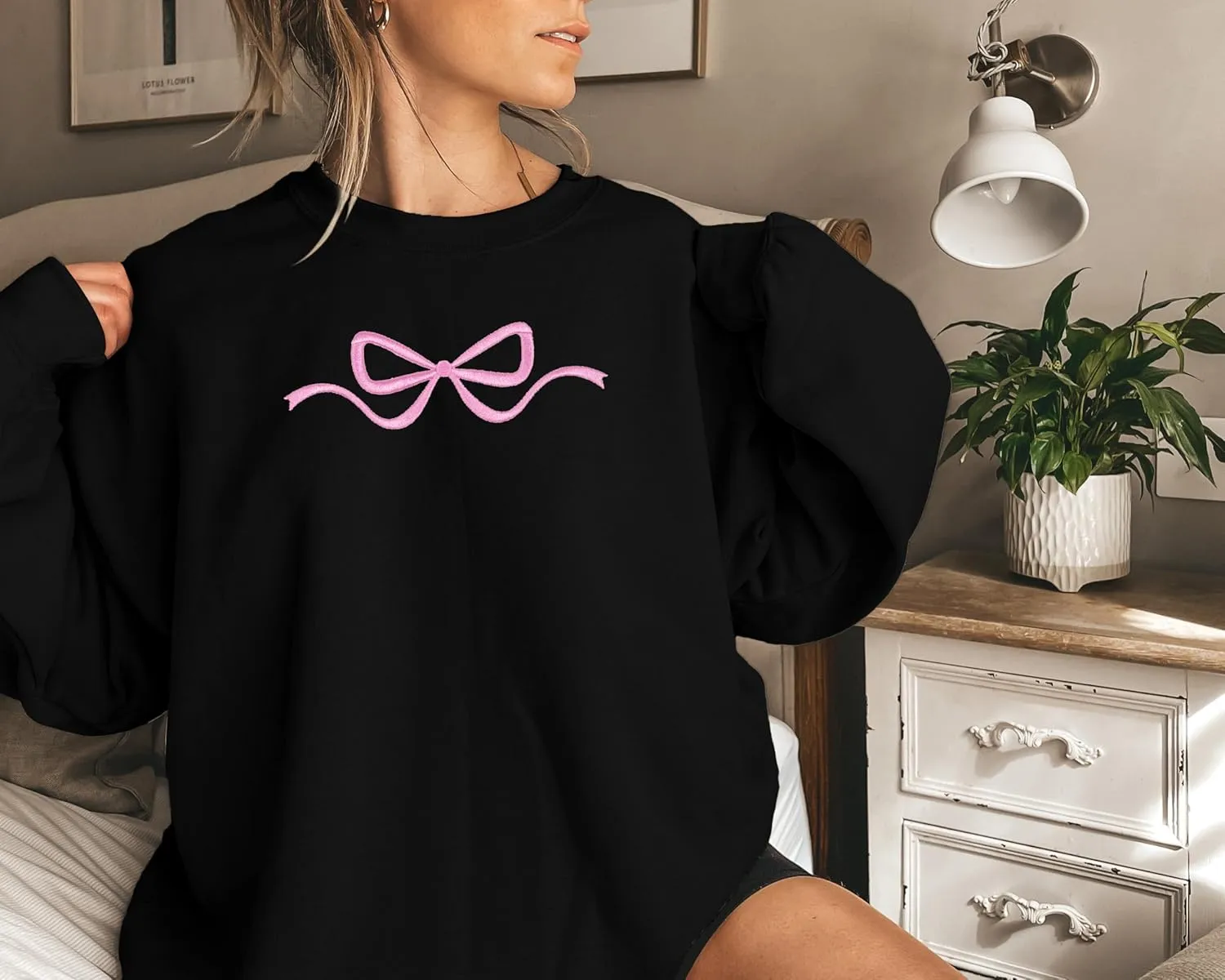 FASHGL Pink Bow Sweatshirt Womens - Sequins Coquette Sweater Casual Round Neck Pullover Sweatshirts Long Sleeve Tops