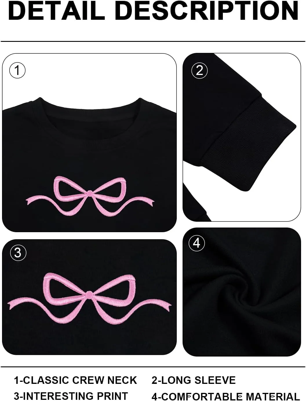 FASHGL Pink Bow Sweatshirt Womens - Sequins Coquette Sweater Casual Round Neck Pullover Sweatshirts Long Sleeve Tops