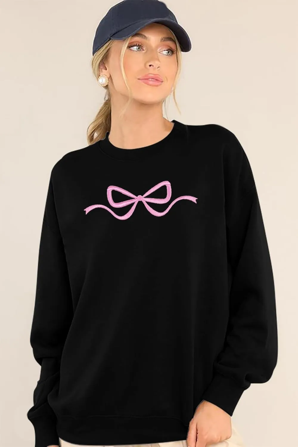 FASHGL Pink Bow Sweatshirt Womens - Sequins Coquette Sweater Casual Round Neck Pullover Sweatshirts Long Sleeve Tops