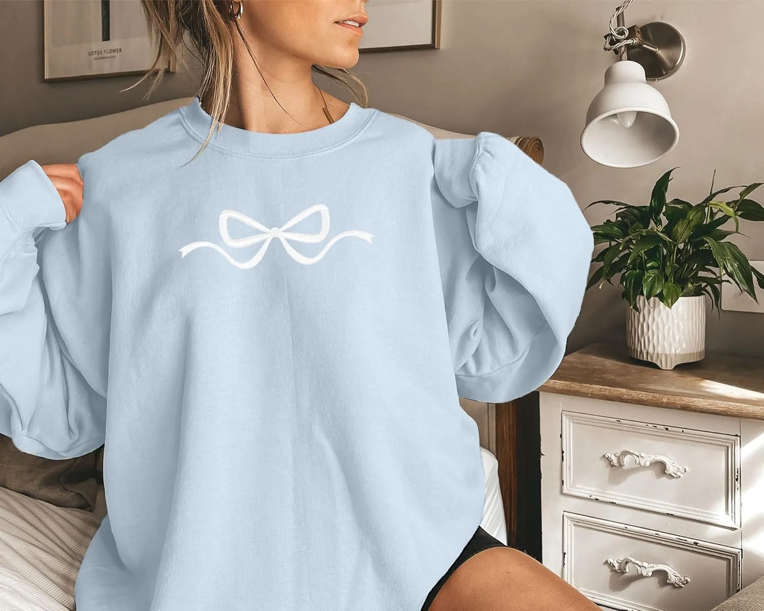 FASHGL Pink Bow Sweatshirt Womens - Sequins Coquette Sweater Casual Round Neck Pullover Sweatshirts Long Sleeve Tops