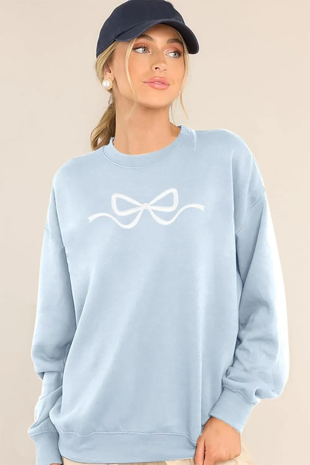 FASHGL Pink Bow Sweatshirt Womens - Sequins Coquette Sweater Casual Round Neck Pullover Sweatshirts Long Sleeve Tops