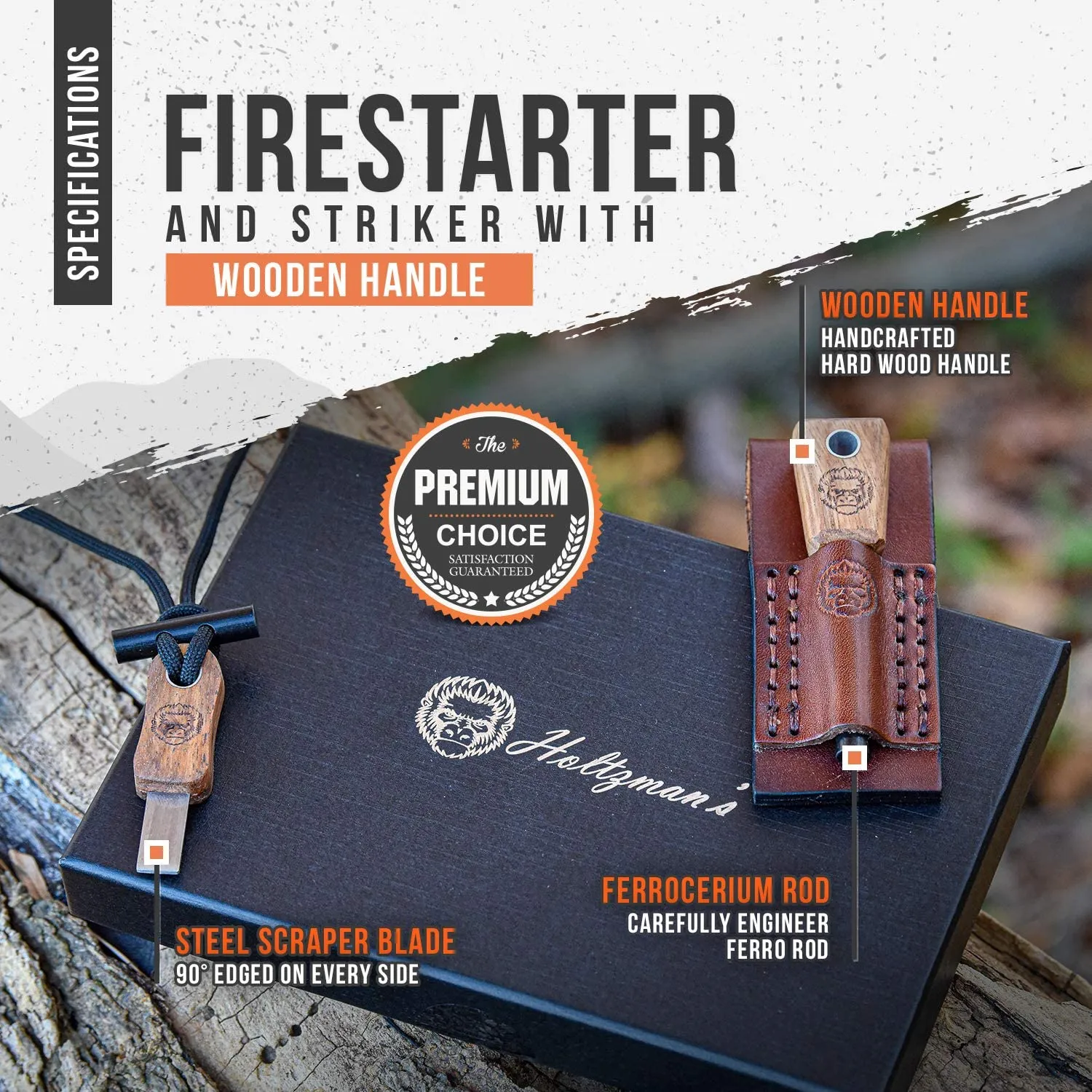 Ferro Rod Fire Starter With Leather Sheath Gift Set