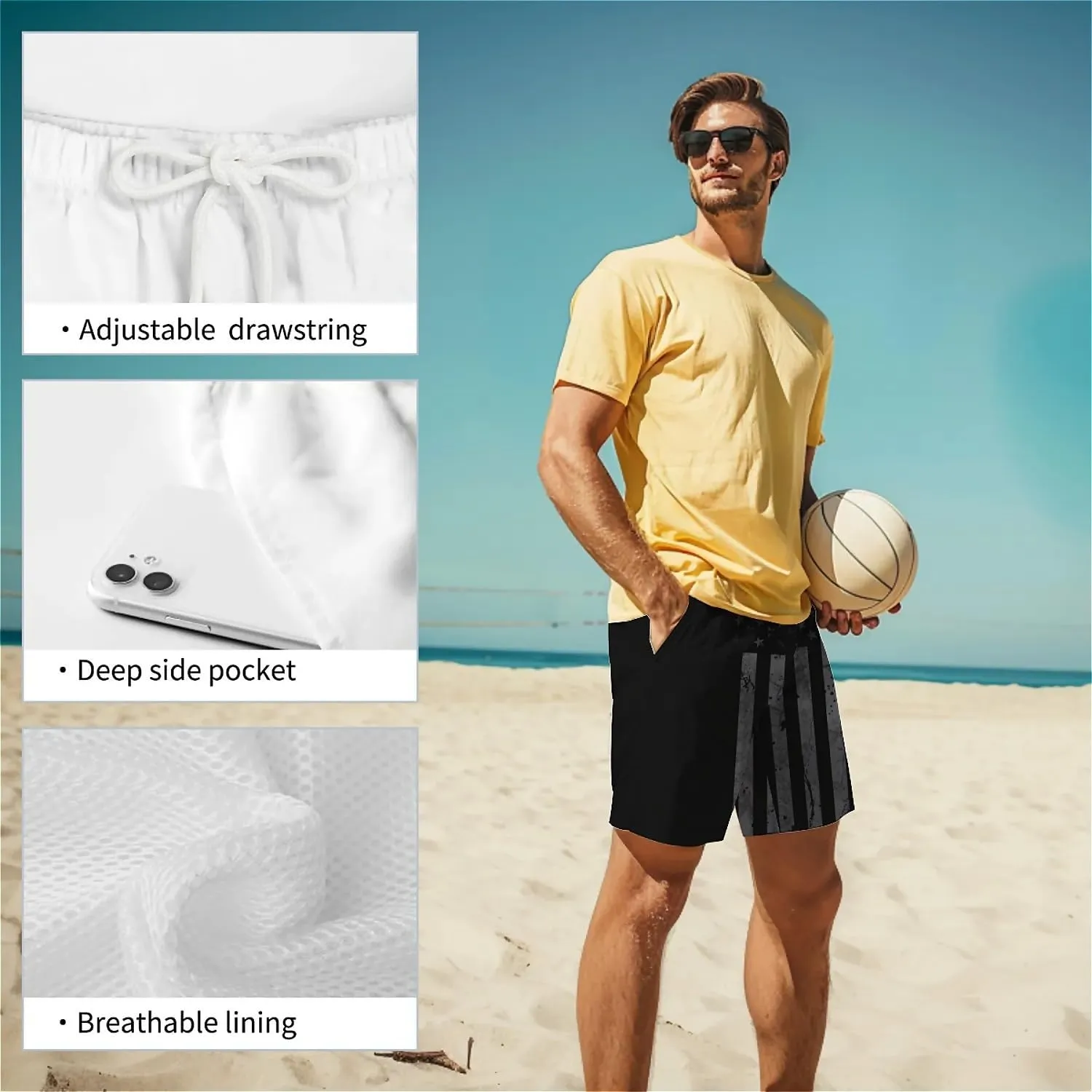 Galaxy Green Men's Swim Trunks Hawaiian Bathing Mesh Lining Suit Swimsuits Beach Shorts with Pockets