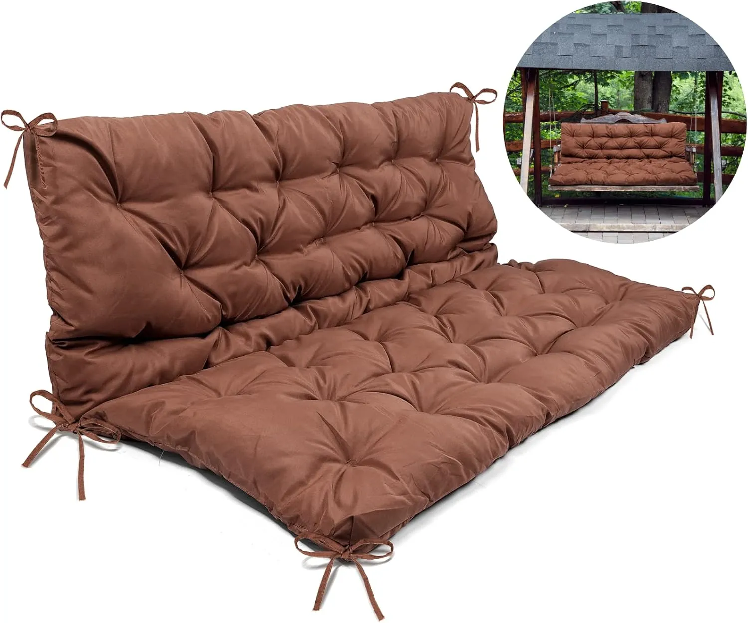 Homaisson Swing Replacement Cushion, Outside Bench Cushion with Backrest, 2-3 Seater Cushion with 8 Ties for Outdoor Furniture, 59 x 39 x 4 Inches Porch Swing Cushion Garden Bench (Dark Curry)