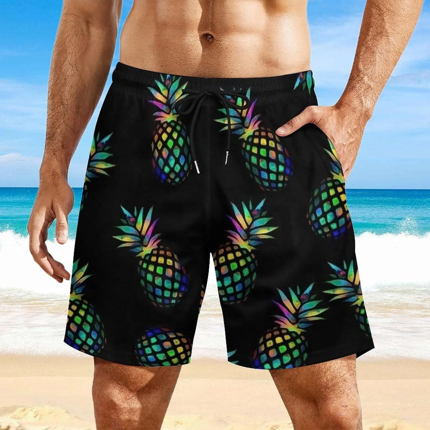 Men's Swim Trunks Quick Dry Swimming Trunks Upside Down Pineapple Beach Shorts with Mesh Lining and Pockets