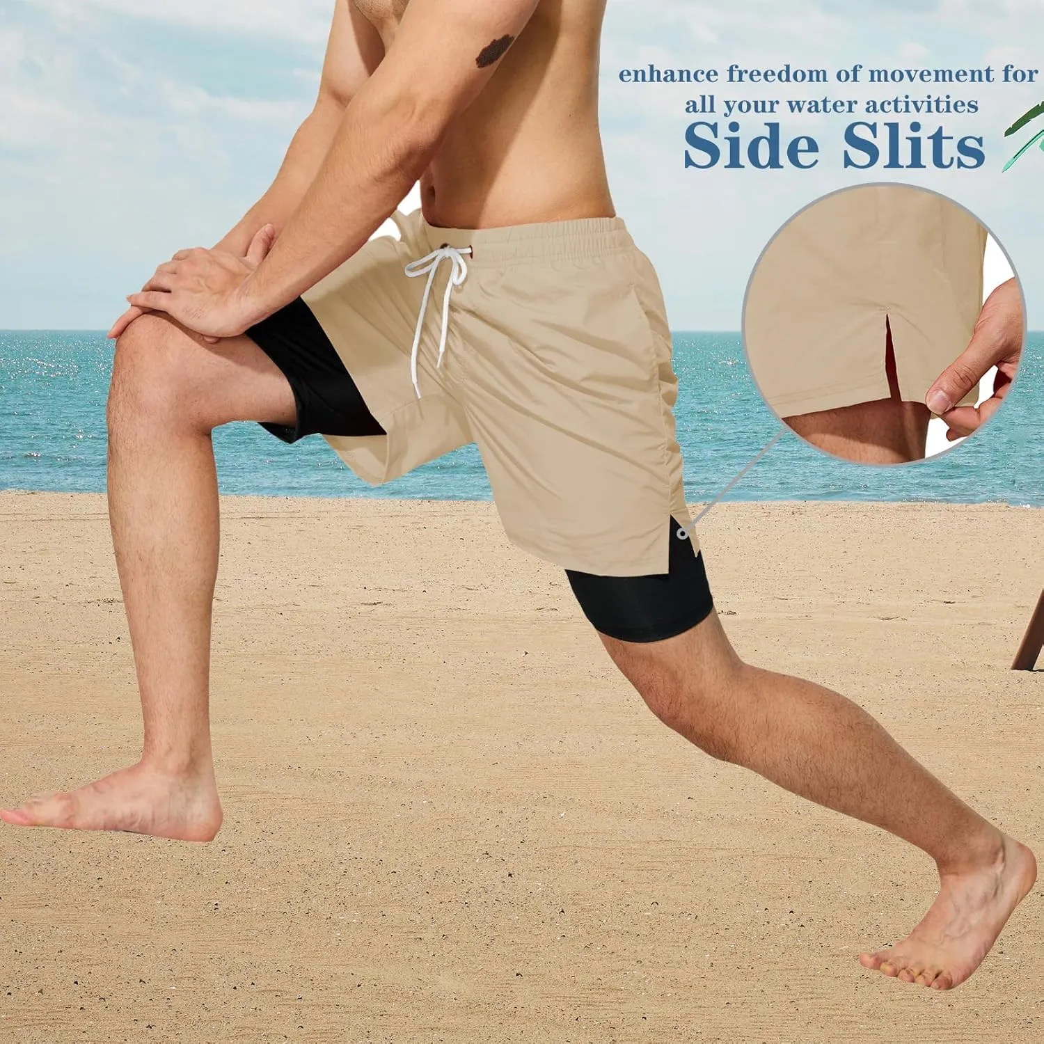 Mens Swim Trunks with Compression Liner 5 inch Inseam Quick Dry Bathing Suit 2 in 1 Board Shorts