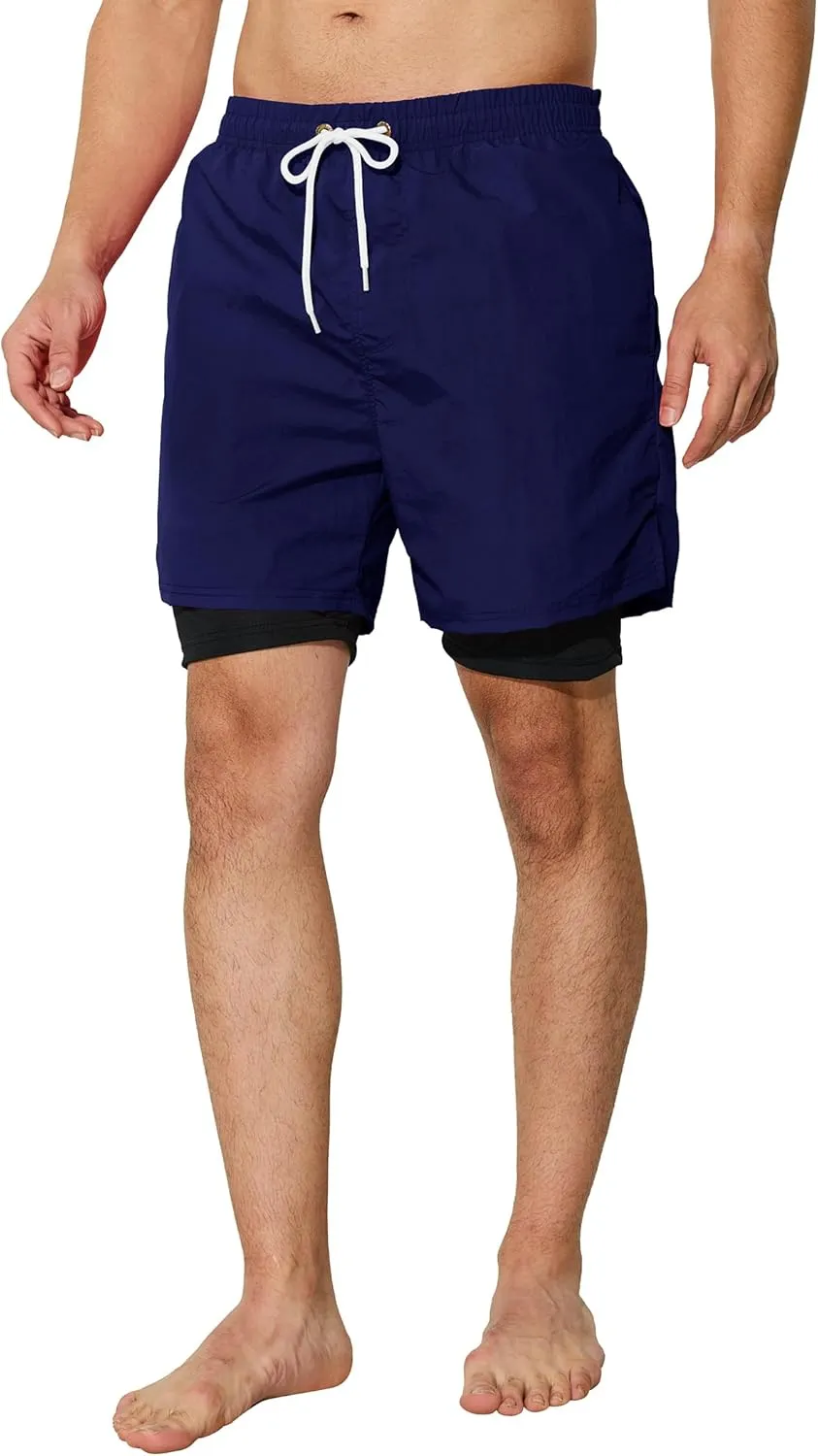 Mens Swim Trunks with Compression Liner 5 inch Inseam Quick Dry Bathing Suit 2 in 1 Board Shorts