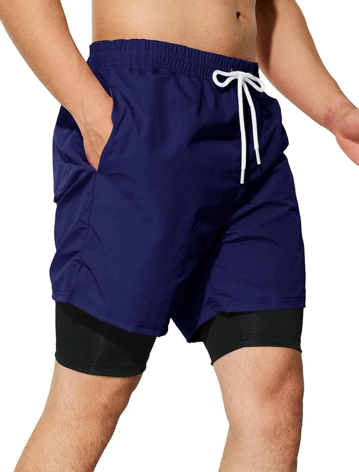 Mens Swim Trunks with Compression Liner 5 inch Inseam Quick Dry Bathing Suit 2 in 1 Board Shorts
