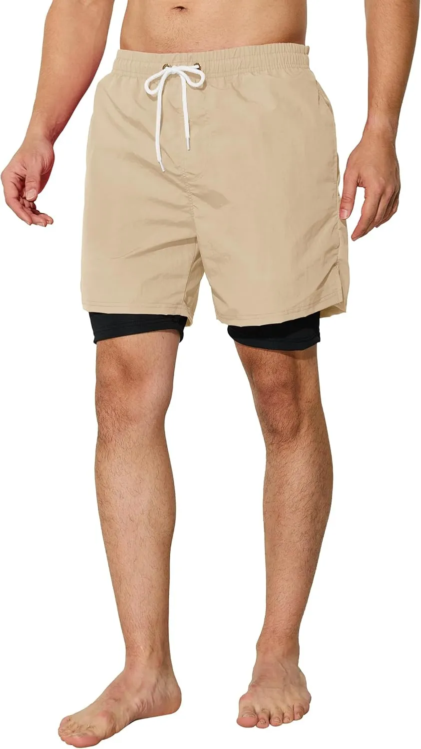 Mens Swim Trunks with Compression Liner 5 inch Inseam Quick Dry Bathing Suit 2 in 1 Board Shorts