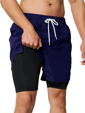 Mens Swim Trunks with Compression Liner 5 inch Inseam Quick Dry Bathing Suit 2 in 1 Board Shorts