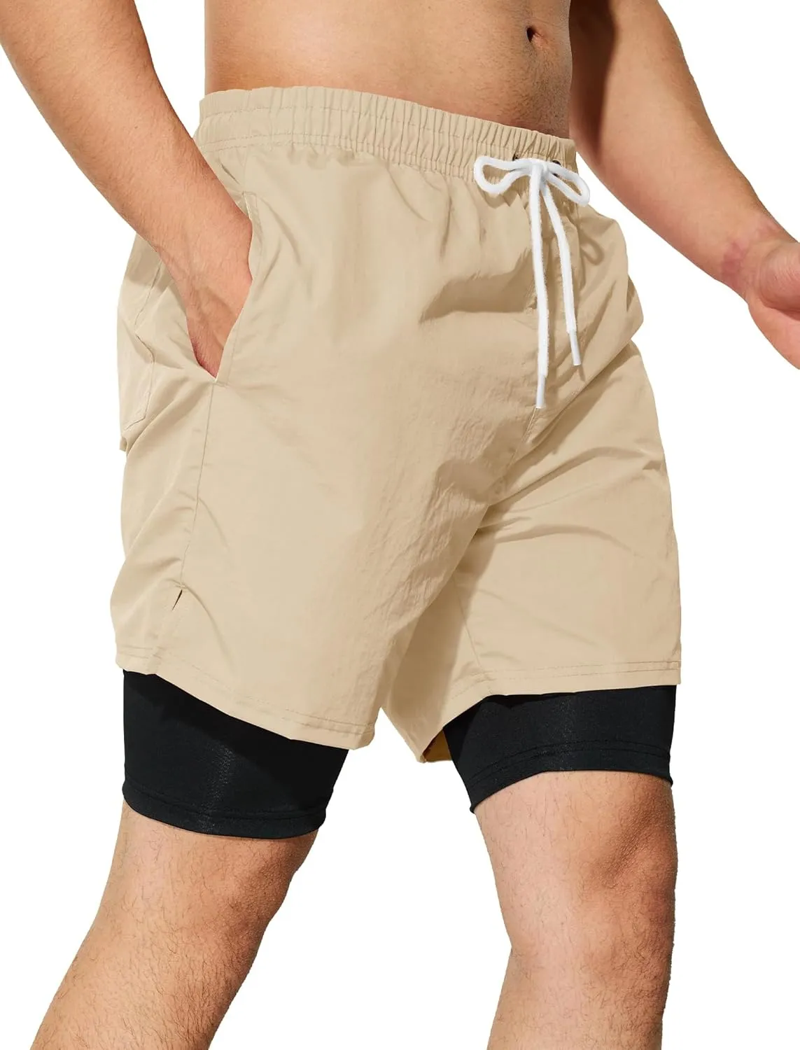 Mens Swim Trunks with Compression Liner 5 inch Inseam Quick Dry Bathing Suit 2 in 1 Board Shorts