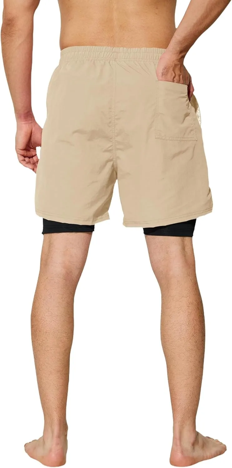 Mens Swim Trunks with Compression Liner 5 inch Inseam Quick Dry Bathing Suit 2 in 1 Board Shorts