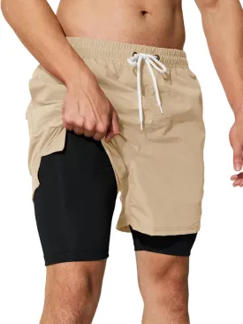 Mens Swim Trunks with Compression Liner 5 inch Inseam Quick Dry Bathing Suit 2 in 1 Board Shorts