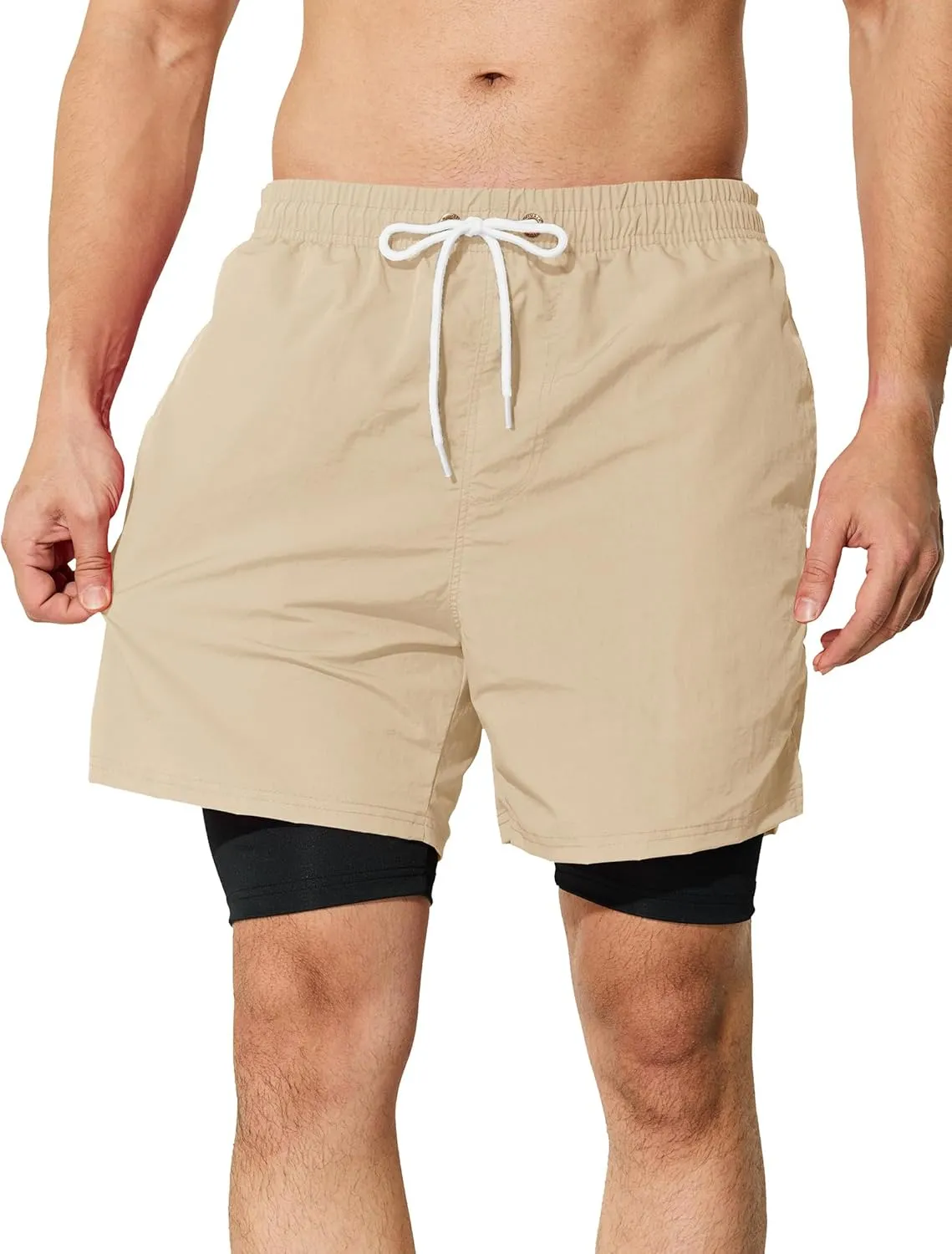 Mens Swim Trunks with Compression Liner 5 inch Inseam Quick Dry Bathing Suit 2 in 1 Board Shorts
