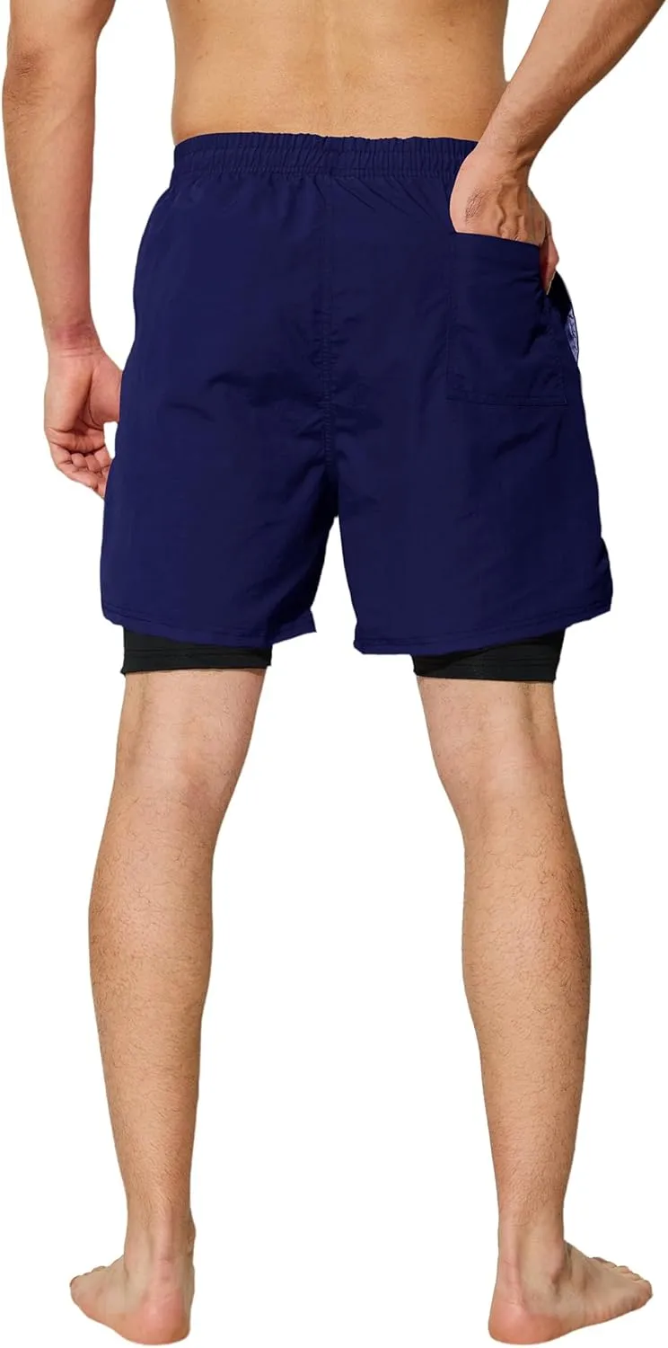 Mens Swim Trunks with Compression Liner 5 inch Inseam Quick Dry Bathing Suit 2 in 1 Board Shorts