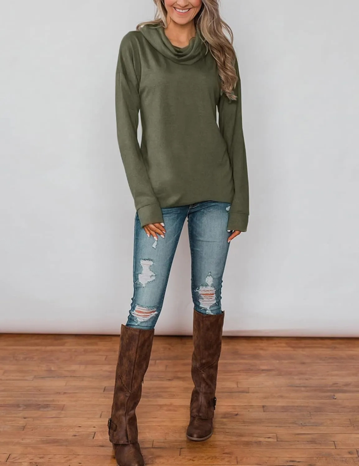 Minthunter Women's Long Sleeve Pullovers Cowl Neck Tunic Shirt Casual Sweatshirt Tops