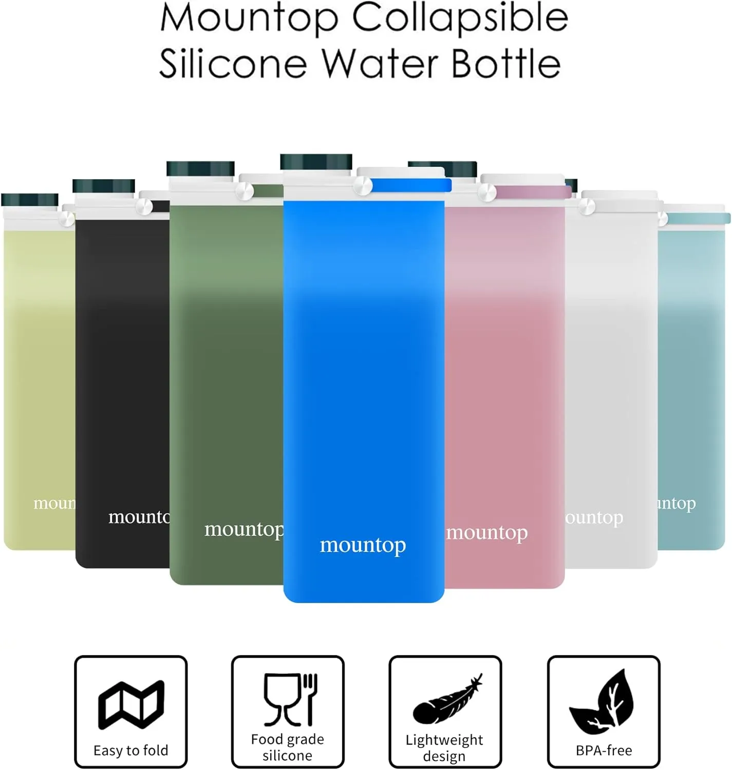 mountop Collapsible Water Bottle, Portable Food Grade Silicone Foldable Travel Reusable Leak Proof Water Bottles for Traveling Running Fitness BPA Free, 20oz, Dark Blue