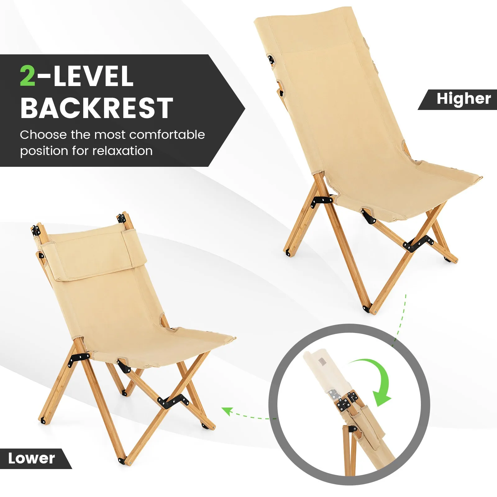 NNECW Portable Folding Camping Chair Bamboo Chair w/ 2-Level Adjustable Backrest Carrying Bag Included Outdoor Portable Ultralight Canvas Chair for Picnic Beach Patio-0-1 piece