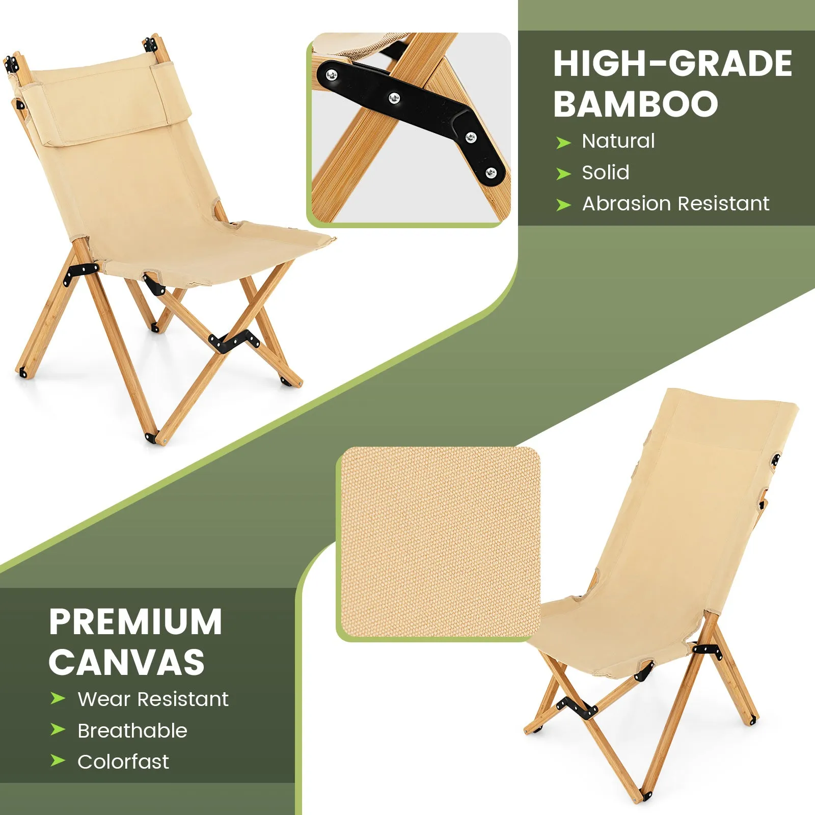 NNECW Portable Folding Camping Chair Bamboo Chair w/ 2-Level Adjustable Backrest Carrying Bag Included Outdoor Portable Ultralight Canvas Chair for Picnic Beach Patio-0-1 piece
