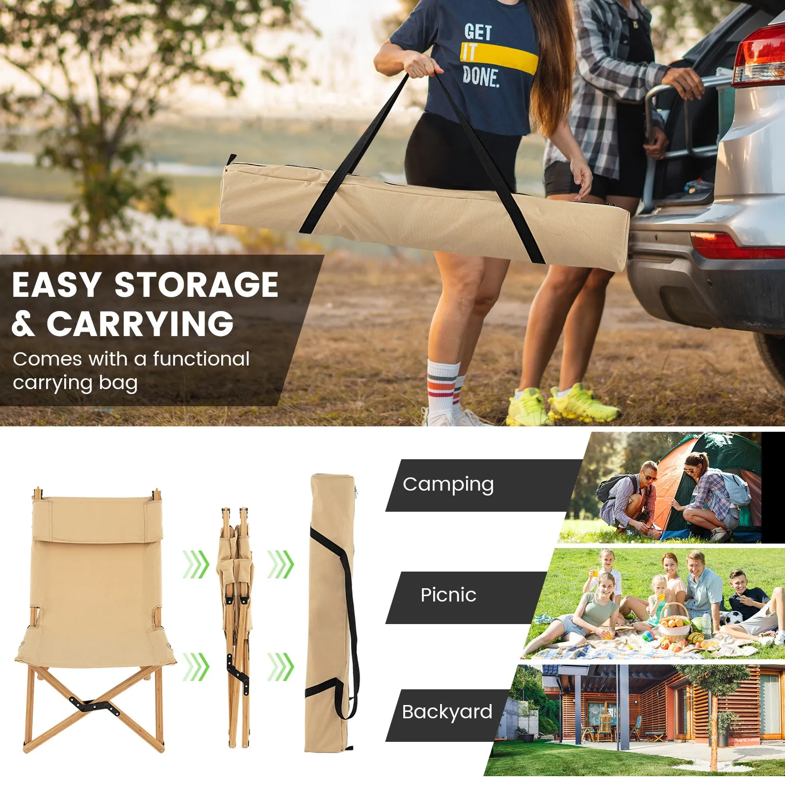 NNECW Portable Folding Camping Chair Bamboo Chair w/ 2-Level Adjustable Backrest Carrying Bag Included Outdoor Portable Ultralight Canvas Chair for Picnic Beach Patio-0-1 piece