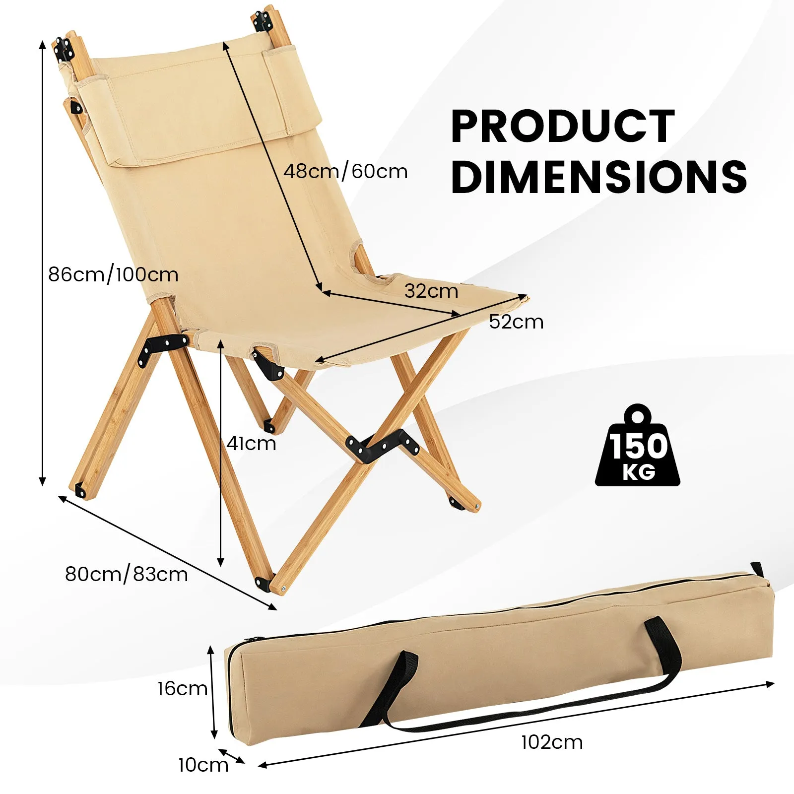 NNECW Portable Folding Camping Chair Bamboo Chair w/ 2-Level Adjustable Backrest Carrying Bag Included Outdoor Portable Ultralight Canvas Chair for Picnic Beach Patio-0-1 piece