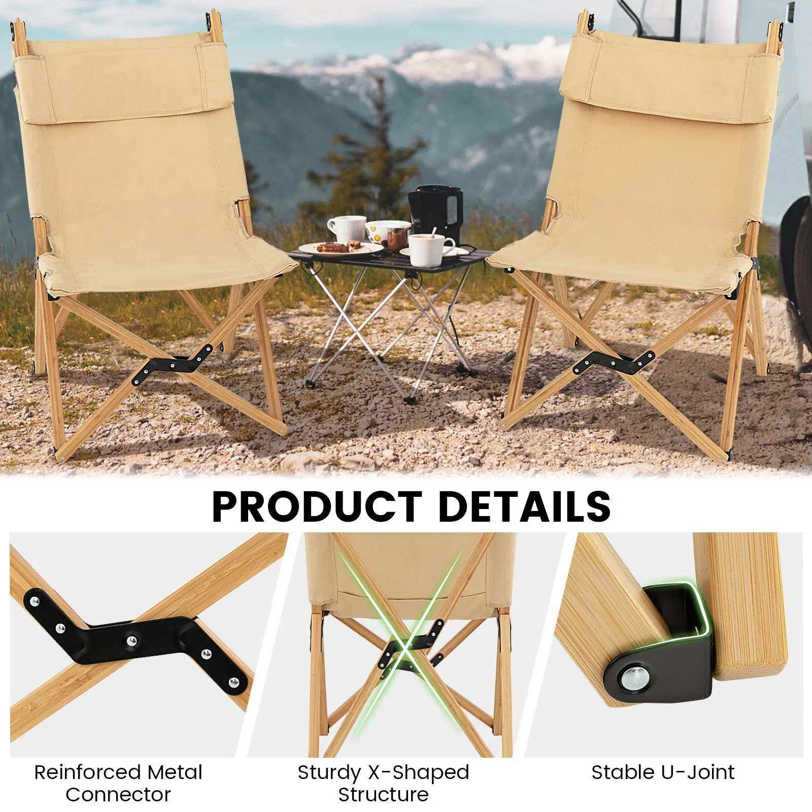 NNECW Portable Folding Camping Chair Bamboo Chair w/ 2-Level Adjustable Backrest Carrying Bag Included Outdoor Portable Ultralight Canvas Chair for Picnic Beach Patio-0-1 piece