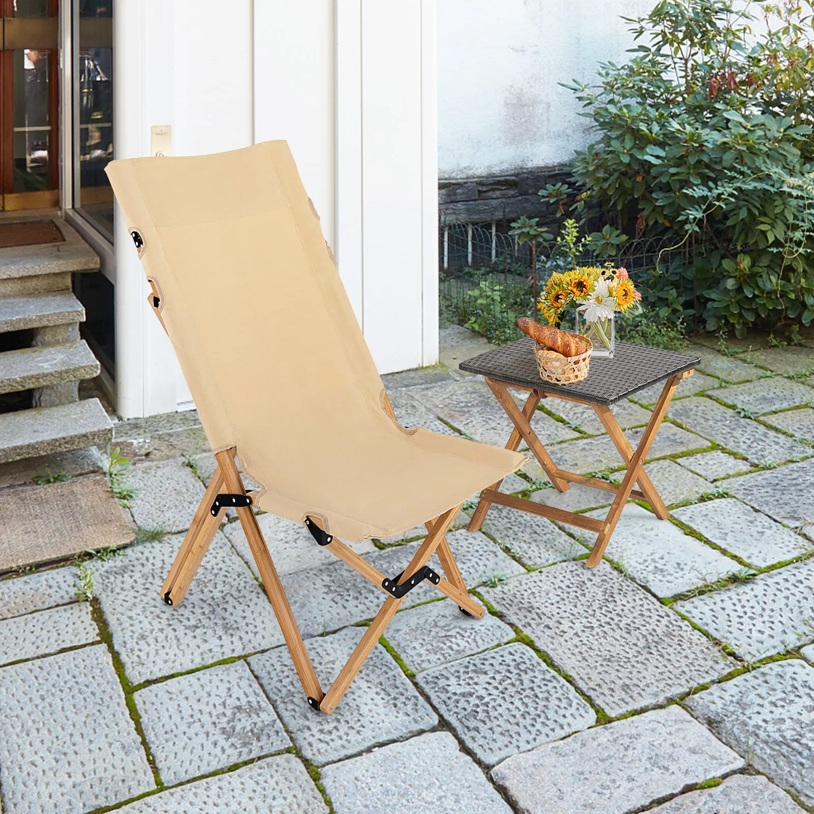 NNECW Portable Folding Camping Chair Bamboo Chair w/ 2-Level Adjustable Backrest Carrying Bag Included Outdoor Portable Ultralight Canvas Chair for Picnic Beach Patio-0-1 piece