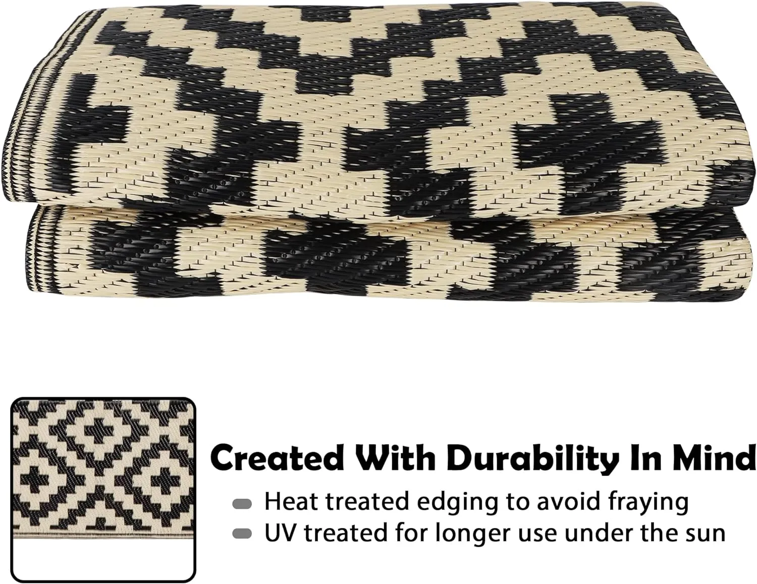 SAND MINE Reversible Mats, Plastic Straw Rug, Modern Area Rug, Large Floor Mat and Rug for Outdoors, RV, Patio, Backyard, Deck, Picnic, Beach, Trailer, Camping (4' x 6', Black & Beige Lattice)