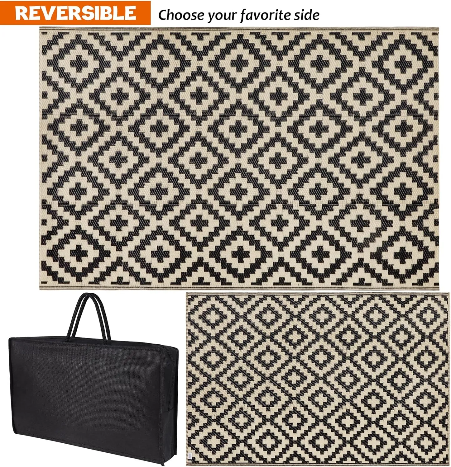 SAND MINE Reversible Mats, Plastic Straw Rug, Modern Area Rug, Large Floor Mat and Rug for Outdoors, RV, Patio, Backyard, Deck, Picnic, Beach, Trailer, Camping (4' x 6', Black & Beige Lattice)