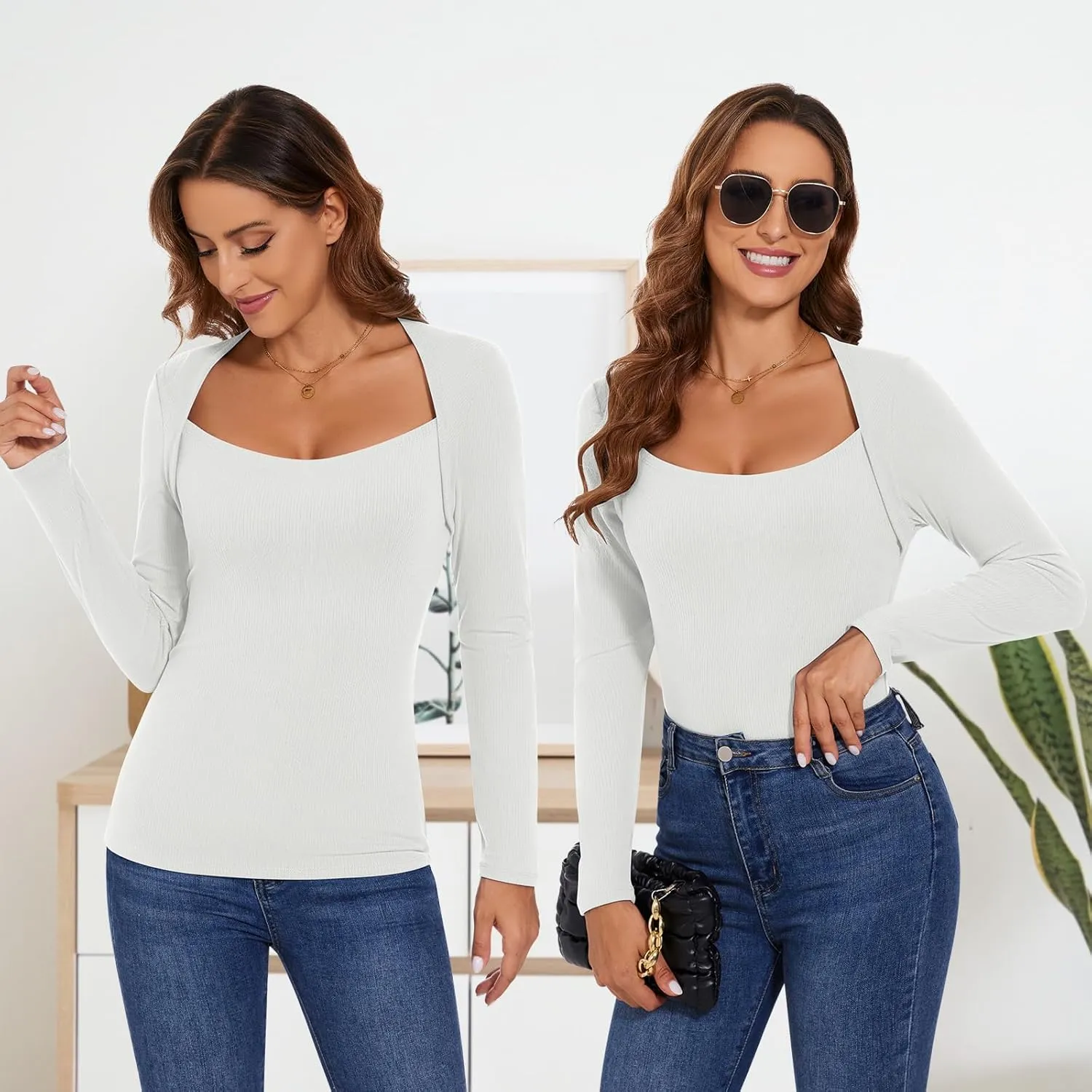 Soneven Square Neck Thermal Shirts for Women Base Layer Ultra Soft Fleece Lined Underwear for Winter