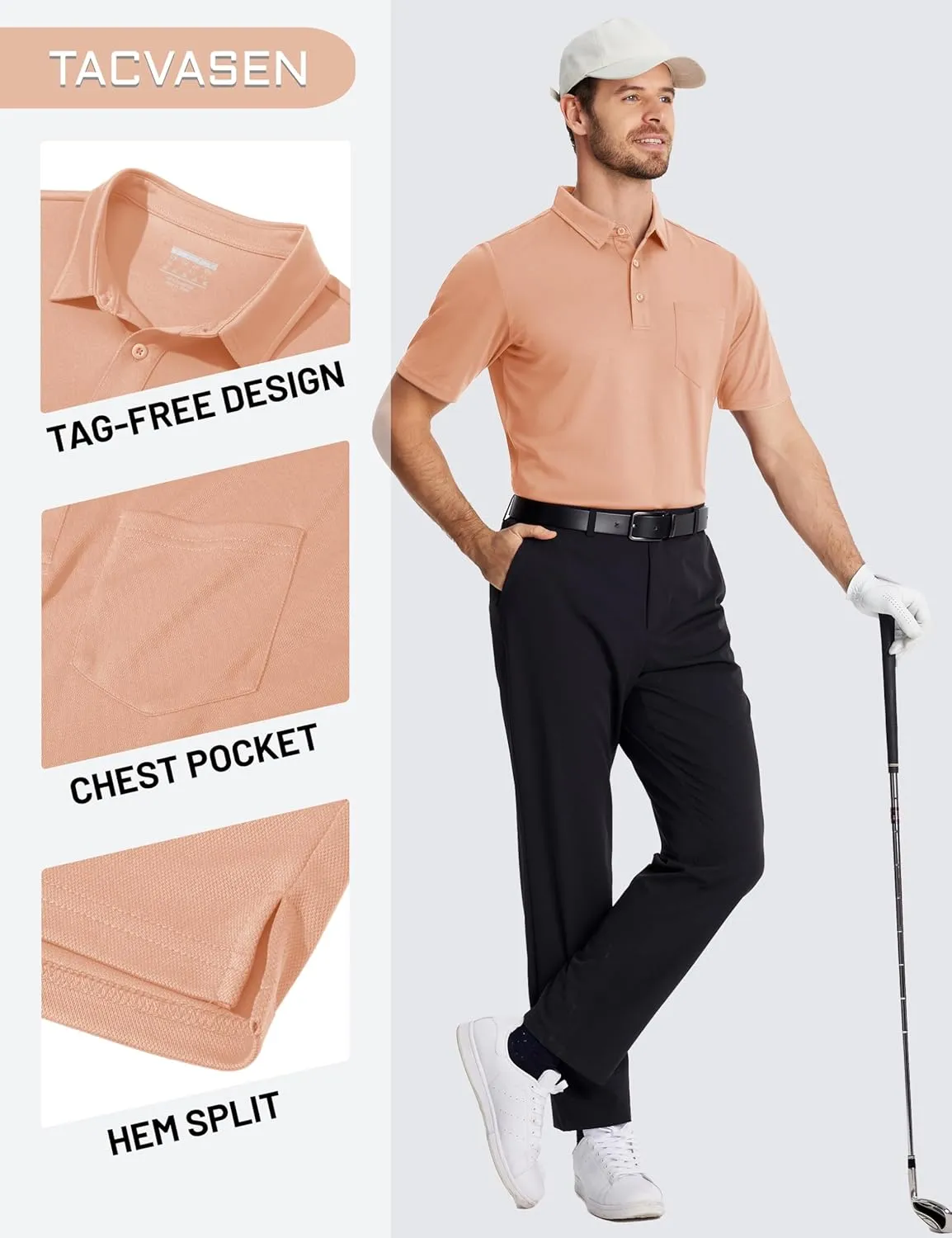 TACVASEN Mens Polo Shirts with Pocket Mens Golf Shirt Short Sleeve Performance Dry Fit Golf Work Athletic Polos