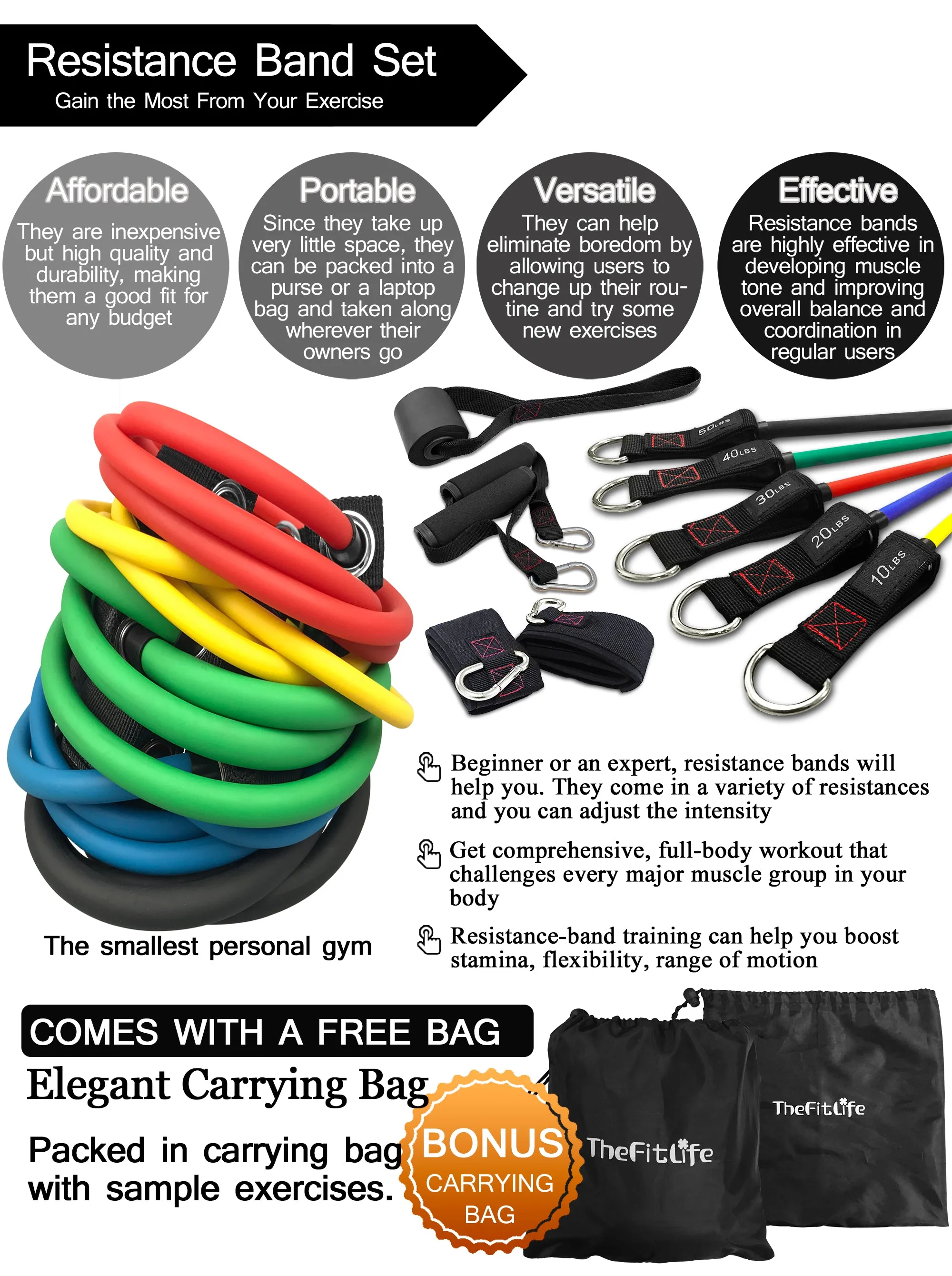 TheFitLife Exercise Resistance Bands with Handles - 5 Fitness Workout Bands Stackable up to 150 lbs,, Training Tubes with Large Handles, Ankle Straps, Door Anchor Attachment, Carry Bag and Bonus eBook