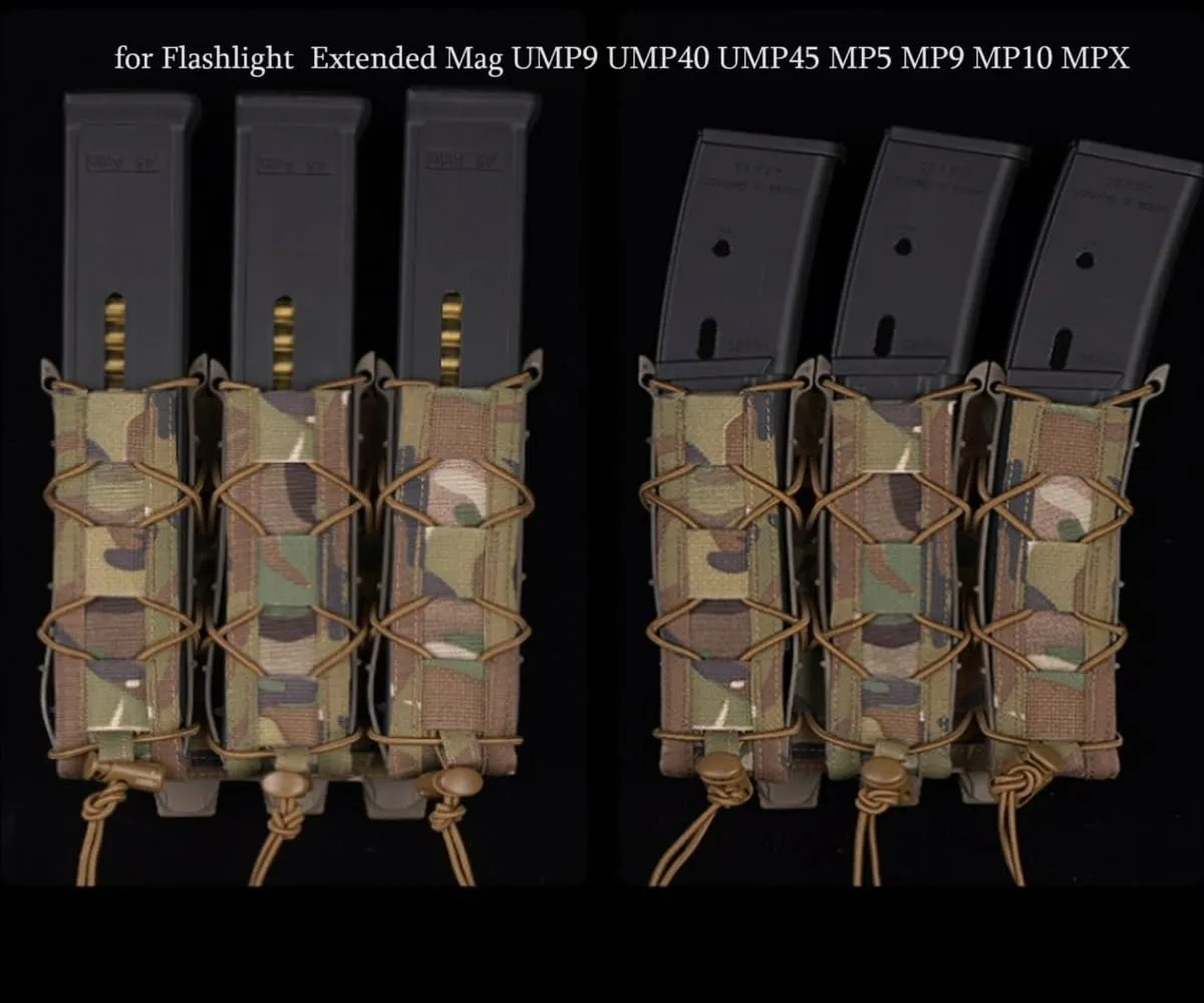 Triple Extended MP5 MP7 Mag Pouch, 3 Molle Long 9mm Tactical Magazine Holster Quick Pull Flashlight Holder Belt Vest Mount