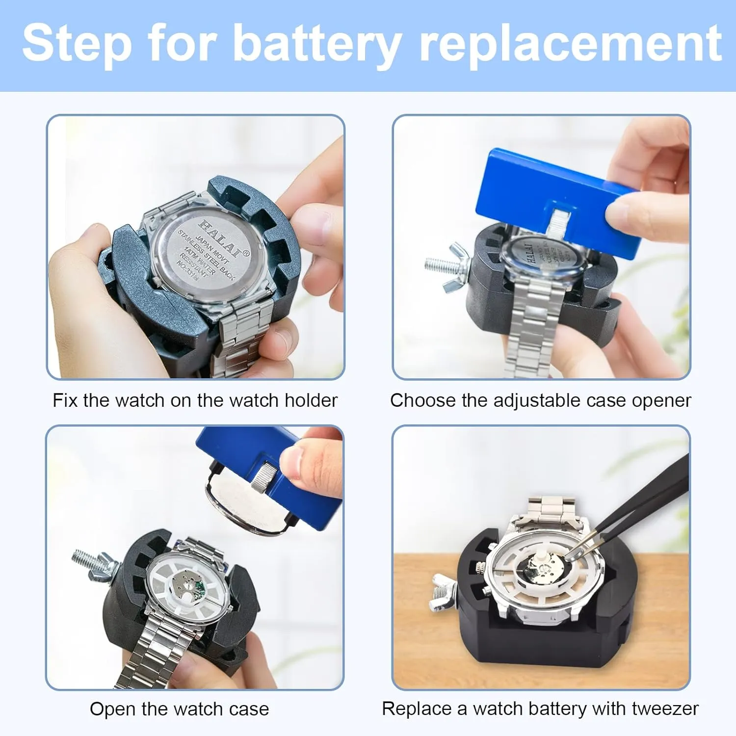 Watch Battery Replacement Tool Kit: EasyTime Professional Watch Repair Toolkit Watch Back Remover Set with Adjustable Case Opener, Tweezers, Screwdriver and Instructions