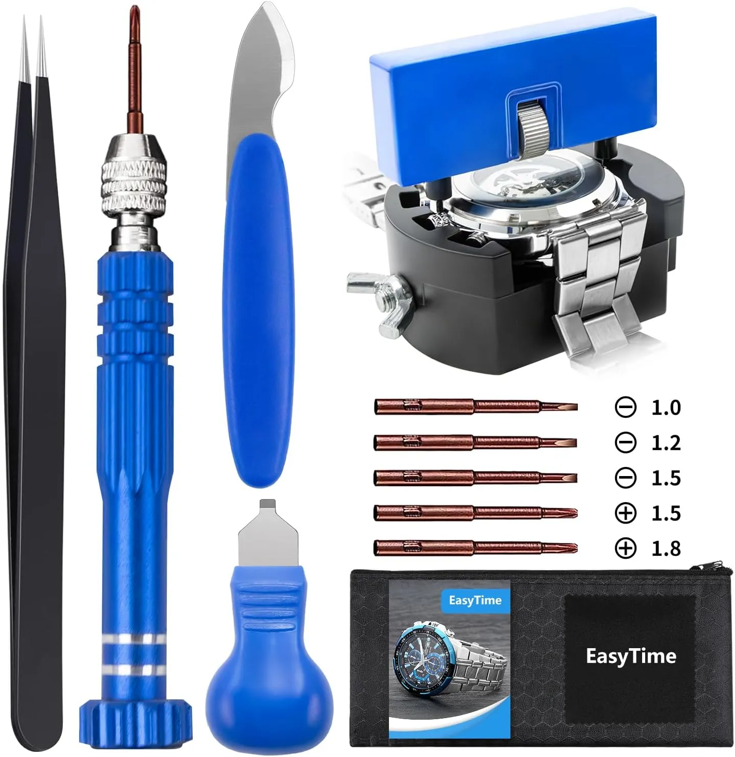 Watch Battery Replacement Tool Kit: EasyTime Professional Watch Repair Toolkit Watch Back Remover Set with Adjustable Case Opener, Tweezers, Screwdriver and Instructions