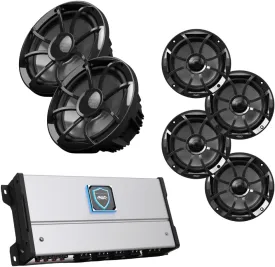 wet sounds HTM-8 Full-Range Class-D 85x8 W RMS @4 OHM Amp, Two Pairs Recon 6-BG 6.5" Coaxial Speakers with Black XS Grille and Cone & Two Recon 10 FA-BG 10" Free Air Subwoofer