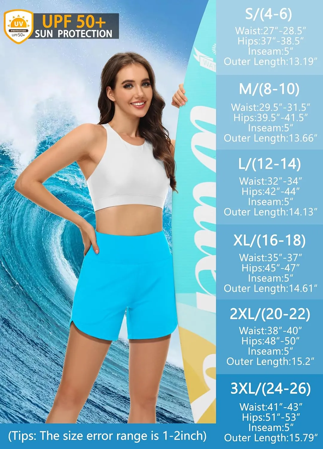 Womens' 5" Swim Shorts Tummy Control Quick Dry Swimsuit Bottom High Waist Loose Fitting with Zipper Pocket Liner UPF50 