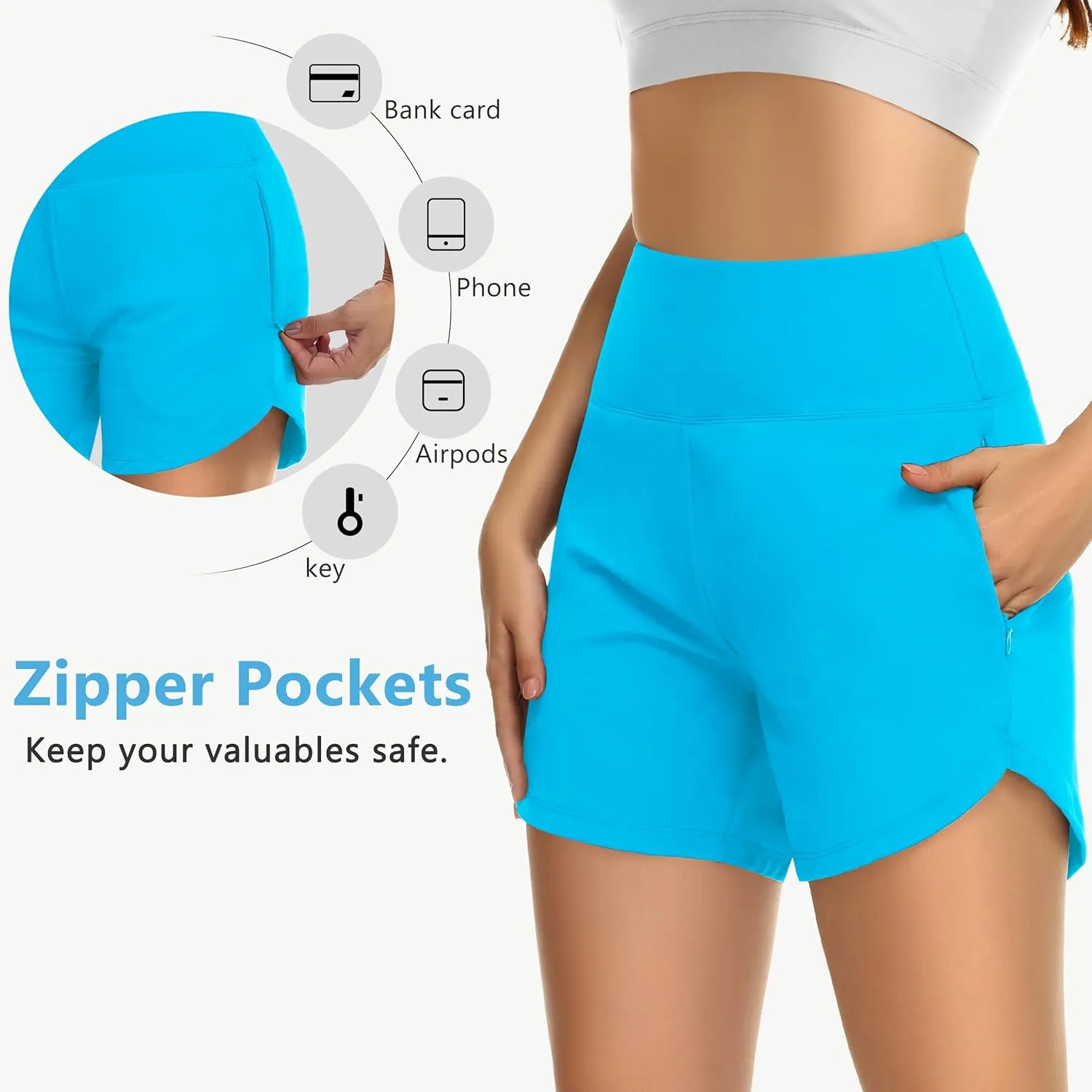 Womens' 5" Swim Shorts Tummy Control Quick Dry Swimsuit Bottom High Waist Loose Fitting with Zipper Pocket Liner UPF50 